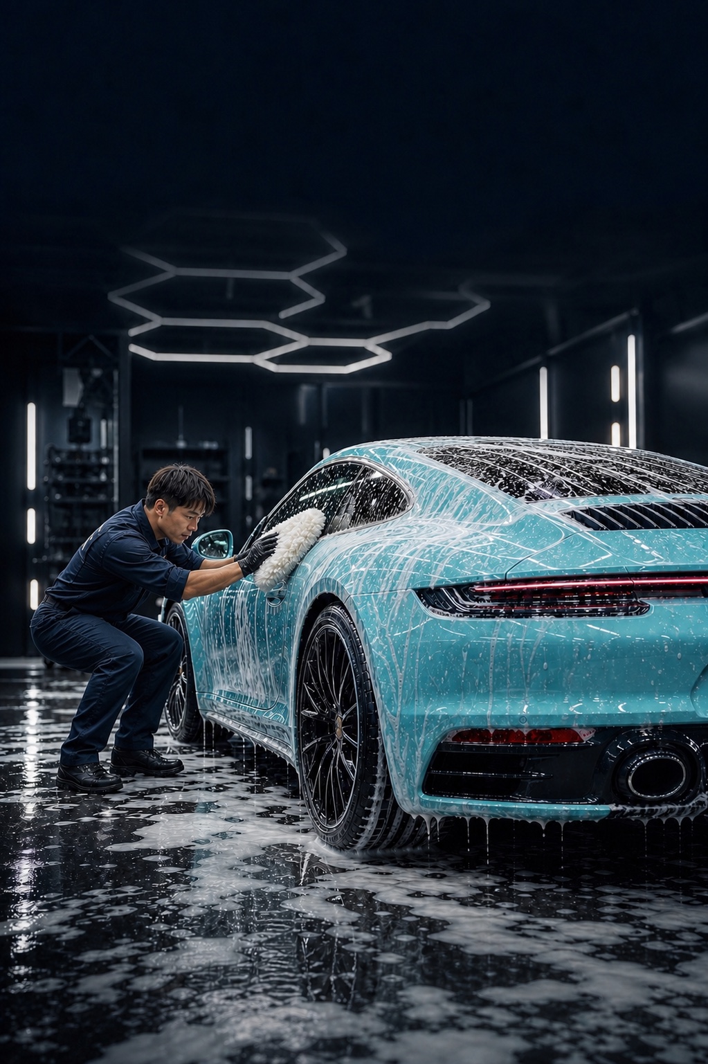 ティファニーブルーのポルシェ911をスタッフがムートンで泡手洗いしている様子