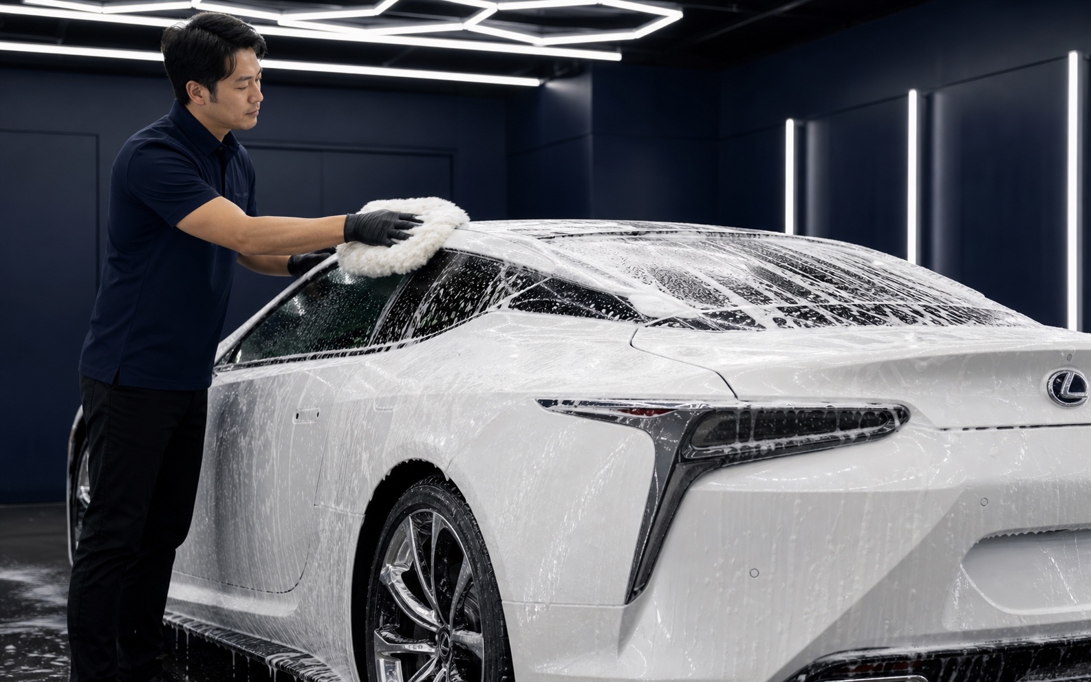 泡とムートンで車をやさしく手洗いする様子