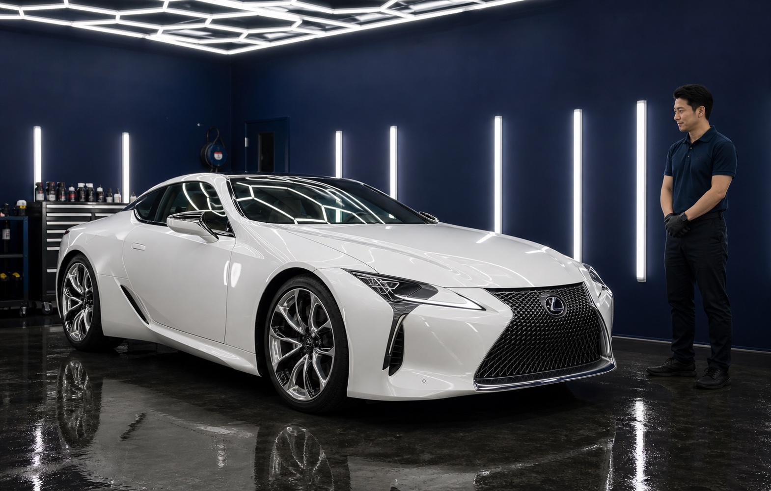 手洗い洗車と簡易ガラスコーティングが完成した艶のある車全体